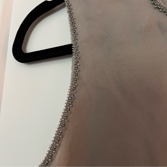 Vince Taupe 💯 Silk Minimalist Blouse with beaded Trim - Picture 2 of 8